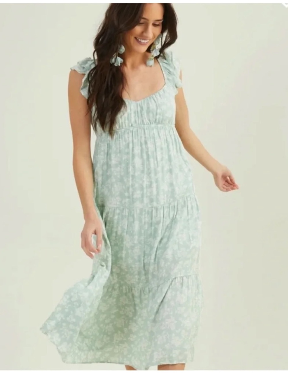 Altar'd State Mint Green Tiered Floral Maxi Dress